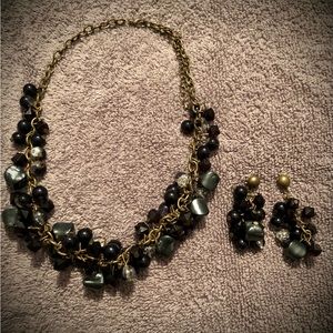 Vintage Antique Gold Black Gray Clear Beaded Chain Necklace & Matching Earrings